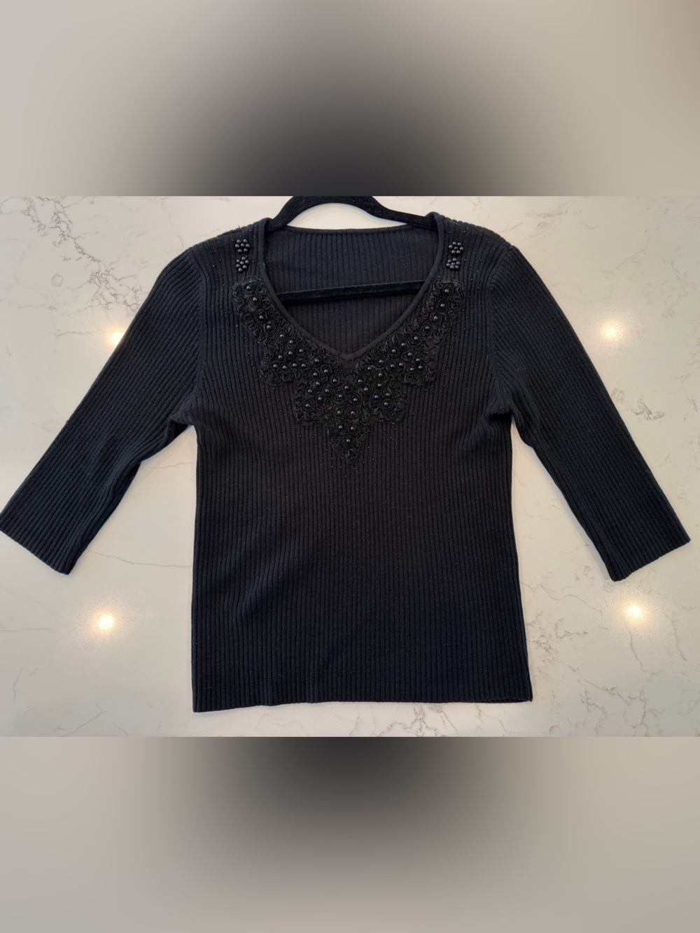 Black Beaded Ribbed Women's Sweater